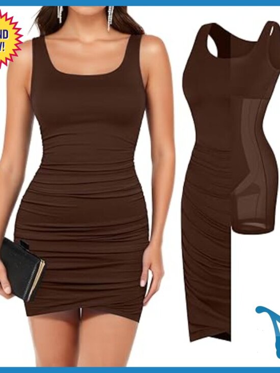 Dresses & Skirts - U-Neck Shapewear Mini Dress Tummy Control Ruched Bodycon Party Club